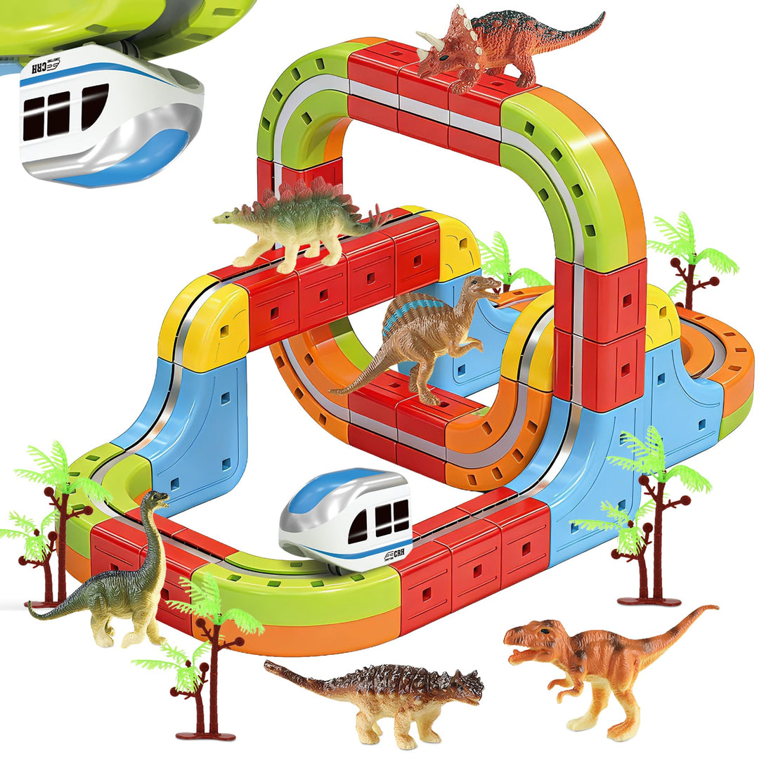 Clickrail Electric Train Set Flexible Race Track, Block Zug mit Dinosaurierspielzeug/Kokospalme/Aufk