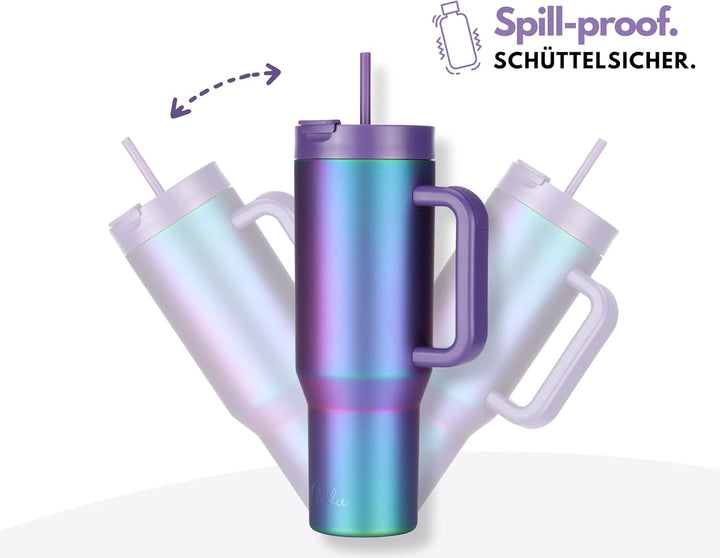 Milu Thermobecher 1200ml mit Strohhalm und Henkel – 48h Eis/24h kalt/12h heiss Edelstahl Tumbler 40o