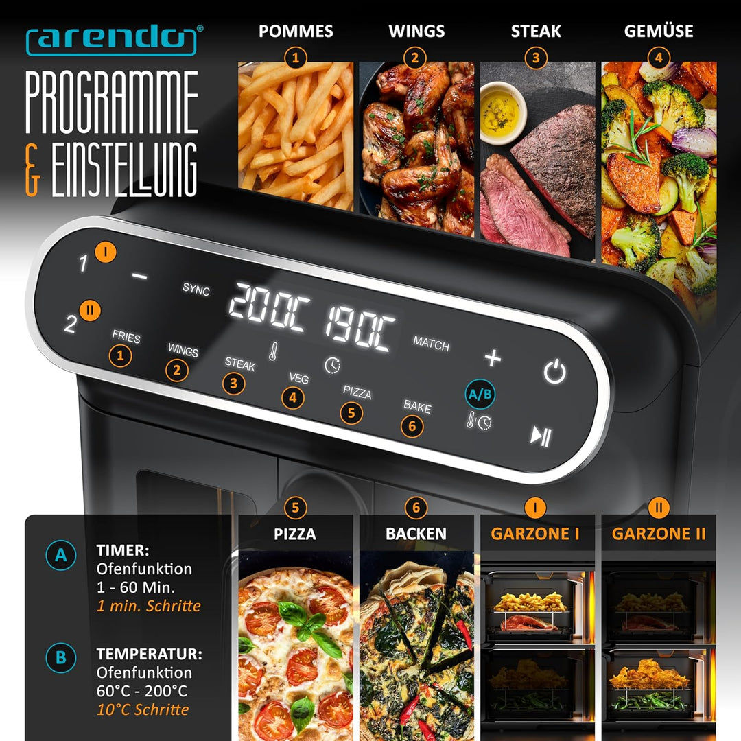 Arendo - Heissluftfritteuse XXL Dual Zone 2 Kammern – 11 L Kapazität – 2 Zonen – Airfryer Doppelkamm