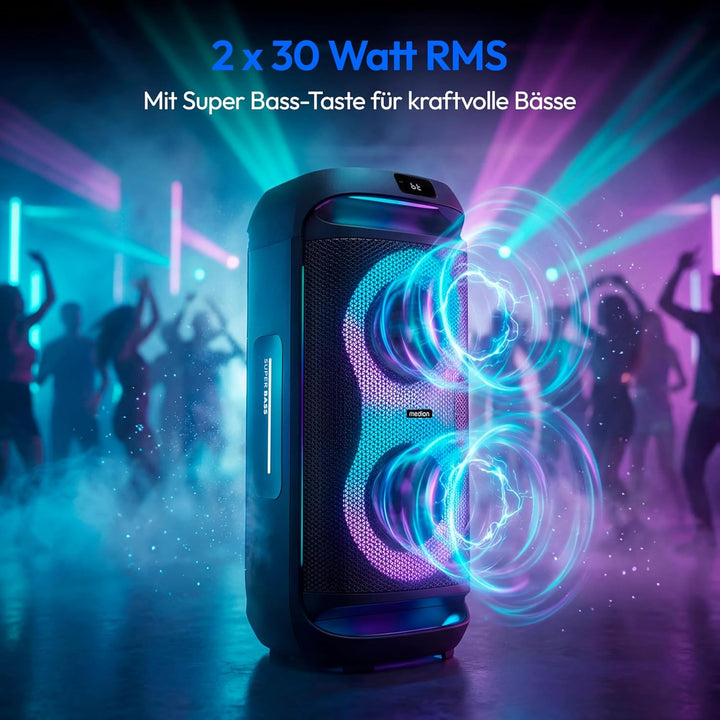 MEDION PE-2 Plus Partybox (Akku, mit Mikrofon, tragbarer Bluetooth Lautsprecher gross, Musikbox, Ver