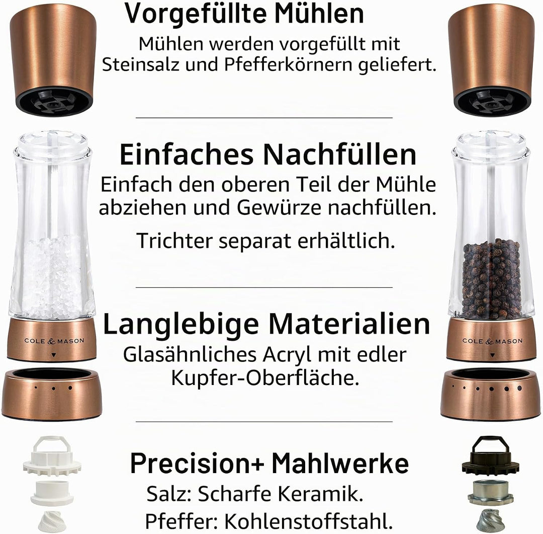 Cole & Mason H59418G Derwent Kupfer Salz und Pfeffer Mühle, 2er Set Manuell, Edelstahl/Acryl, 190mm,