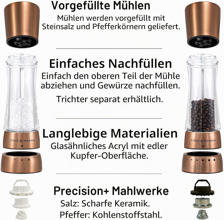 Cole & Mason H59418G Derwent Kupfer Salz und Pfeffer Mühle, 2er Set Manuell, Edelstahl/Acryl, 190mm,