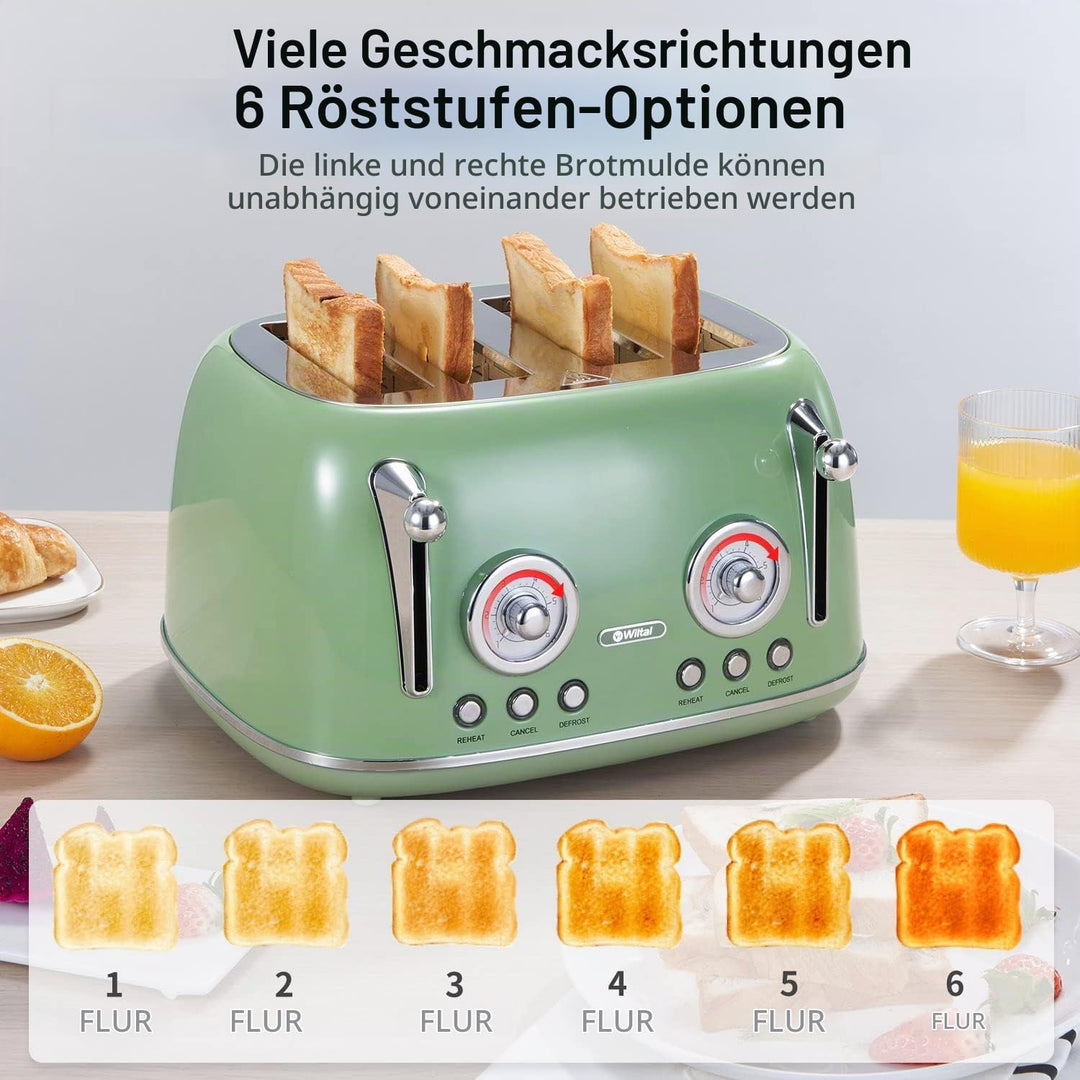 Wiltal Toaster 4 Scheiben, Toaster Langschlitz, Edelstahl Gehäuse, mit Integrierten Brötchenaufsatz,