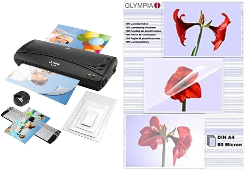 Olympia 4 in 1 Set A 230 Laminierset für A4, schwarz + Laminierfolie 100 X DIN A4 80 Mikron Laminier