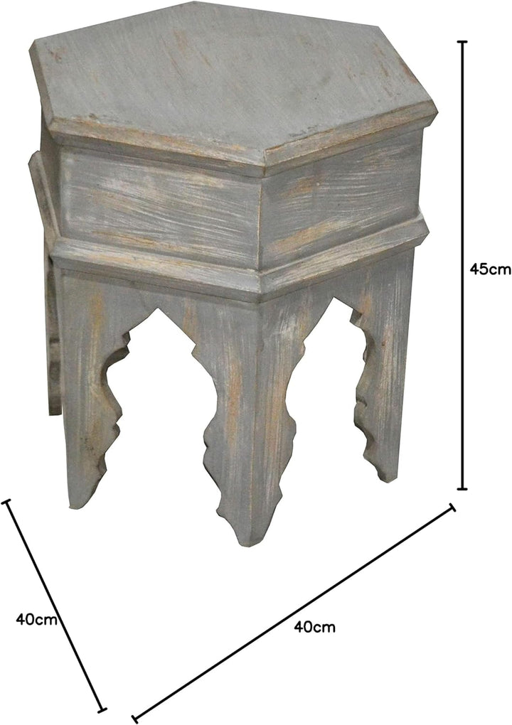 Marokkanischer Vintage Beistelltisch Hocker aus Holz Inam Grau ø 50cm rund | Orientalischer runder T