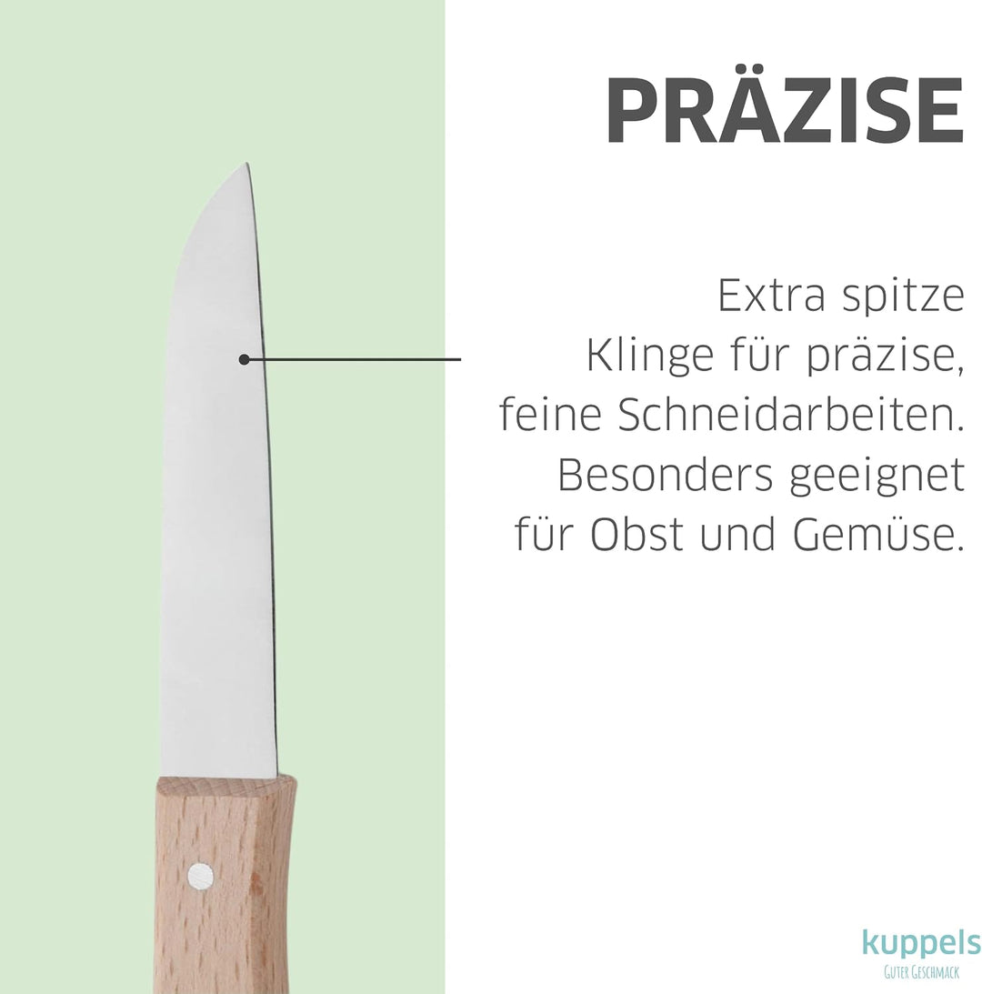 Kuppels Küchenmesser Set 3-tlg., 420HC Stahl, Buchenholzgriff | Tourniermesser, Kartoffelschäler und