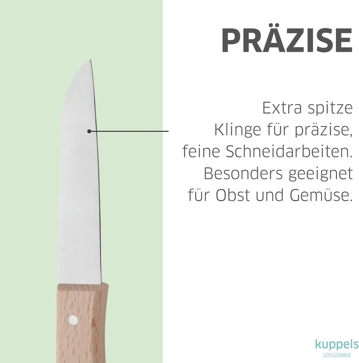 Kuppels Küchenmesser Set 3-tlg., 420HC Stahl, Buchenholzgriff | Tourniermesser, Kartoffelschäler und