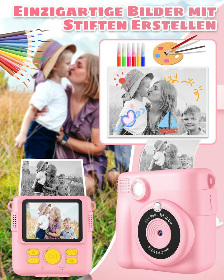 YKSLEMON Kinderkamera Sofortbildkamera, 2,4'' Bildschirm Sofortbildkamera Kinder, 24MP-1080P Digital