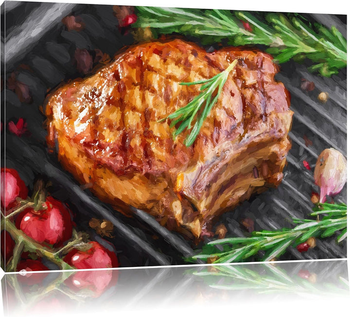 Pixxprint gegrilltes Steak mit Rosmarien garniert Pinsel Effekt, Format: 100x70 auf Leinwand, XXL ri