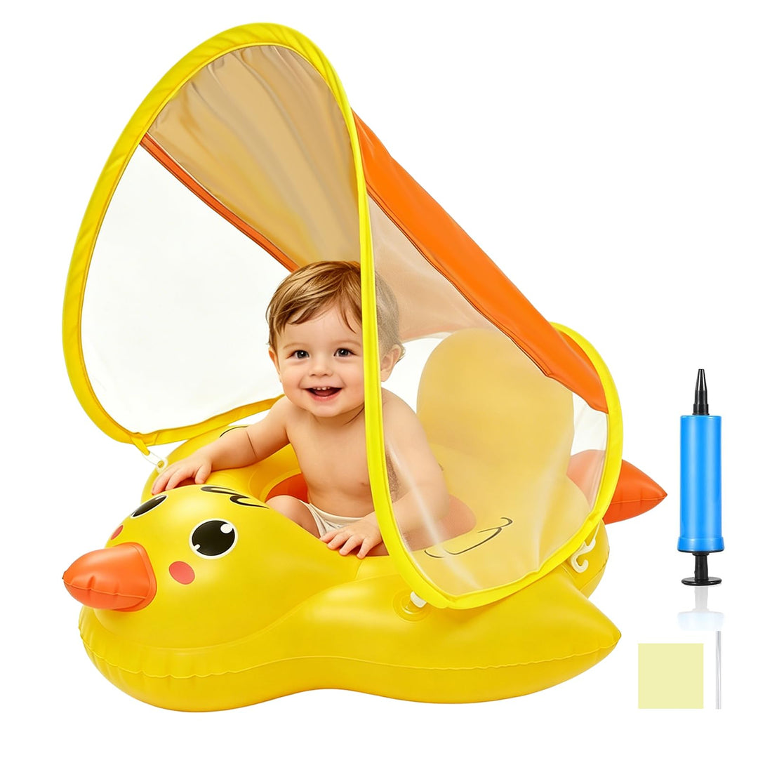 Qingning Ente Baby Schwimmring mit Abnehmbarem Sonnendach & Schwimmsitz – Aufblasbare Schwimmhilfe f