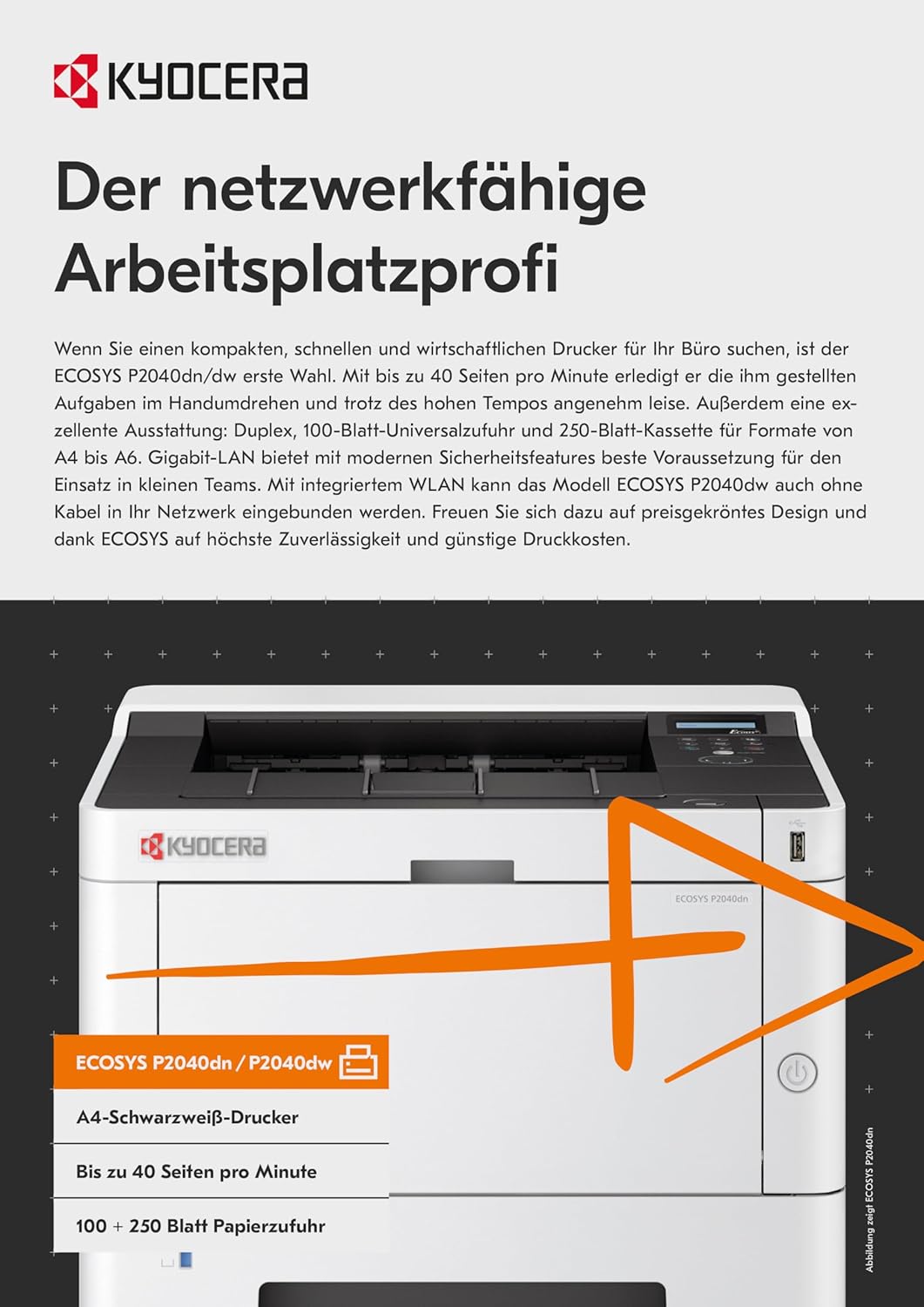 Kyocera Klimaschutz-System Ecosys P2040dn Laserdrucker: Schwarz-Weiss, Duplex-Einheit, 40 Seiten pro