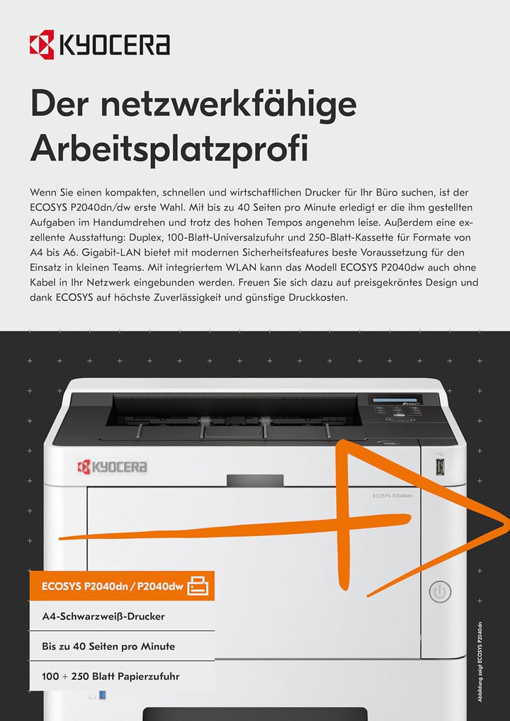 Kyocera Klimaschutz-System Ecosys P2040dn Laserdrucker: Schwarz-Weiss, Duplex-Einheit, 40 Seiten pro