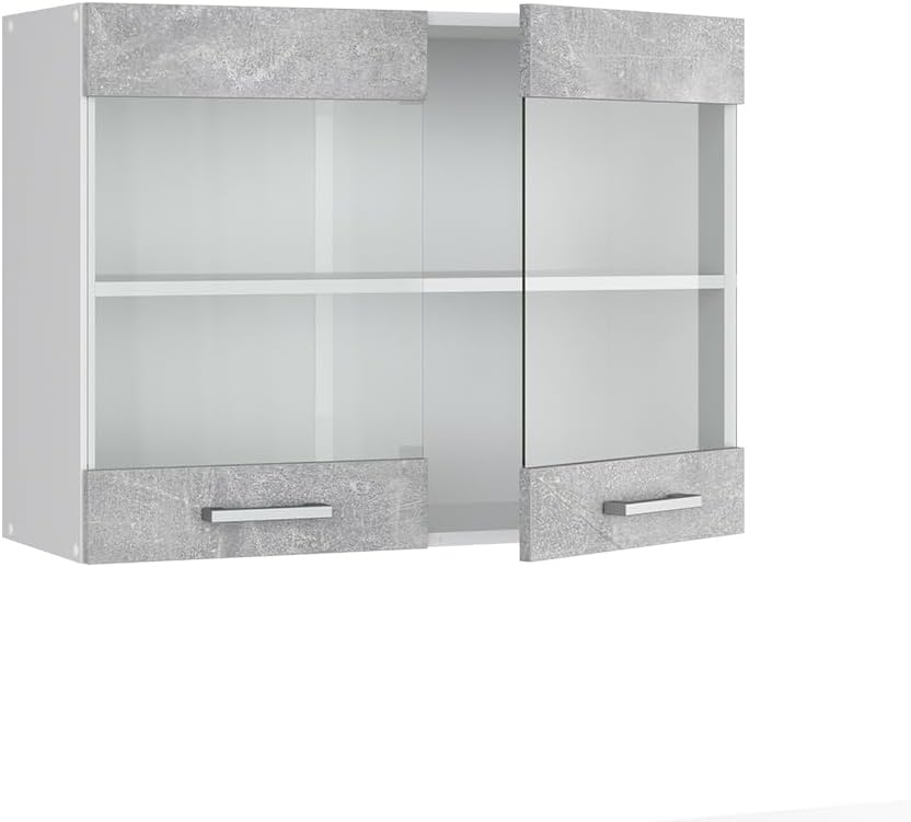 Vicco Küchenschrank Glas R-Line, Beton/Weiss, 80 cm Beton Hängeglasschrank 80cm, Beton Hängeglasschr