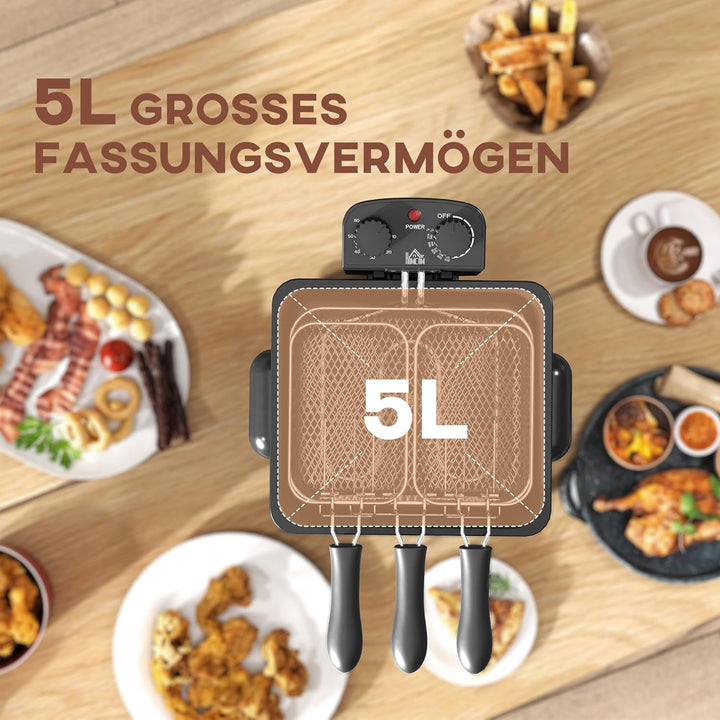 HOMCOM Fritteuse mit 5L Kapazität, Einstellbare Temperatur & Timer, Öl-Fritteuse mit Abnehmbarer Öl-