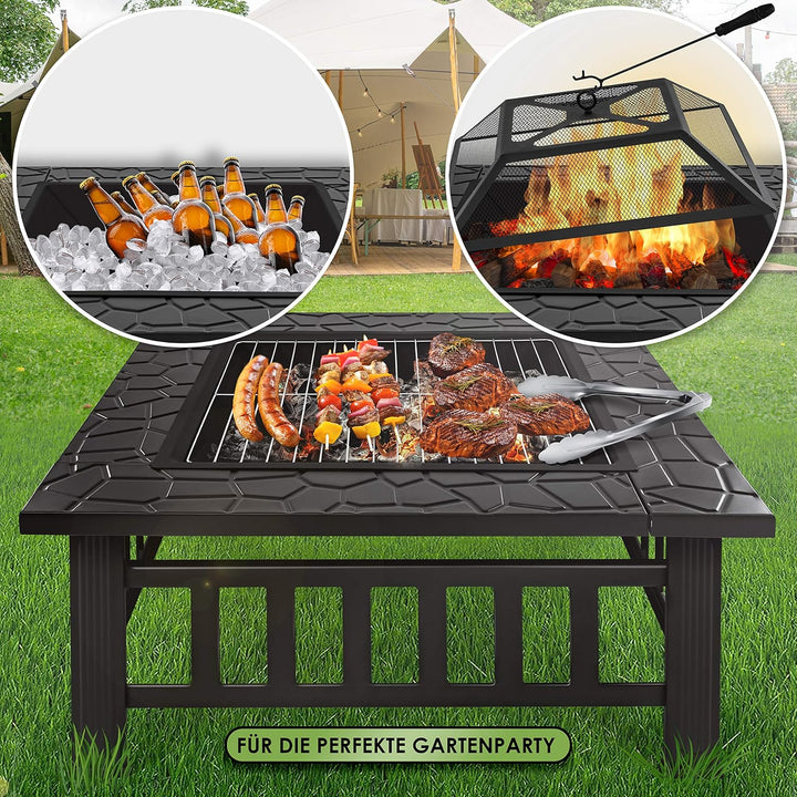 KESSER® Feuerstelle mit Grillrost & Grillzange Feuerschale 82x82x50cm, 3in1 Multifunktional Fire Pit