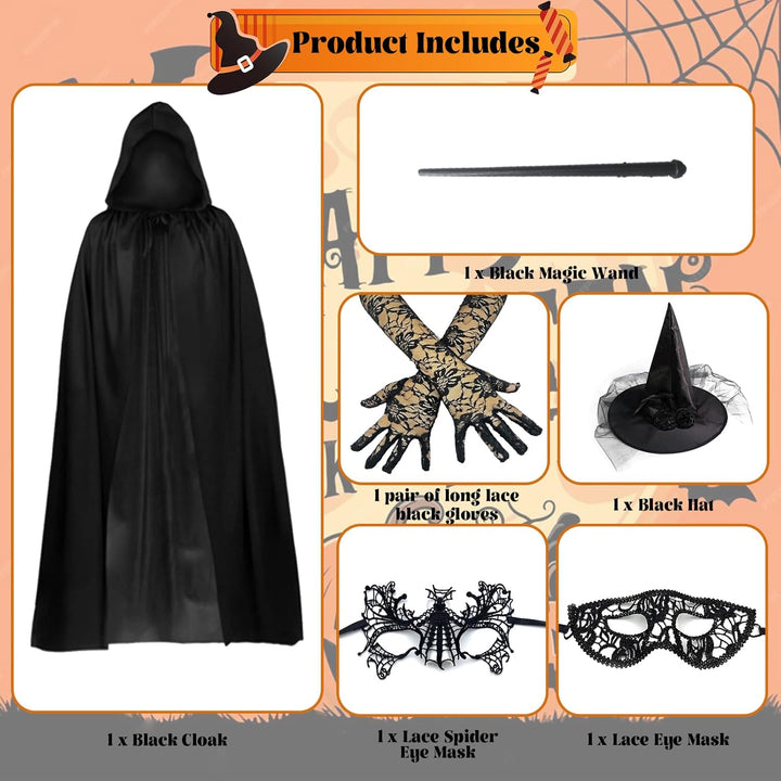 Shinybox Hexenkostüm Damen Halloween, 7 Stück Halloween Kostüm Damen mit Schwarzer Umhang, Hexenhut,