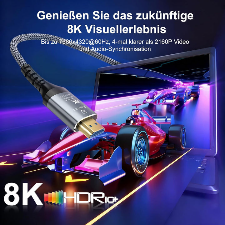 Glasfaser HDMI Kabel 7Meter 8K, 48Gbps Ultra High Speed Langes HDMI 2.1 Kabel Geflochten 8K@60Hz 4K@