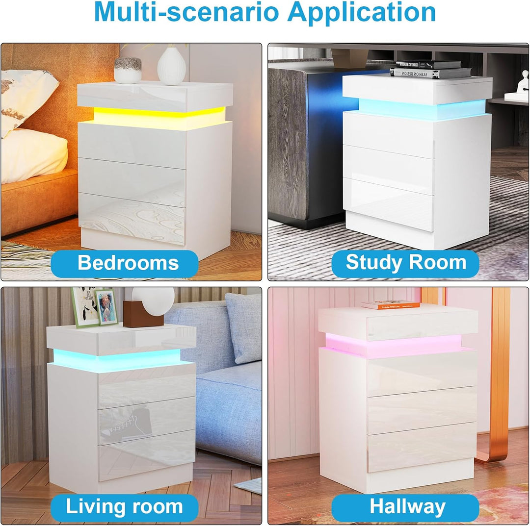 Lvhcmfohm Nachttisch Weiss mit Led, Nachtschrank, Nachtkommode mit 2 Schubladen und Schränke mit Kla