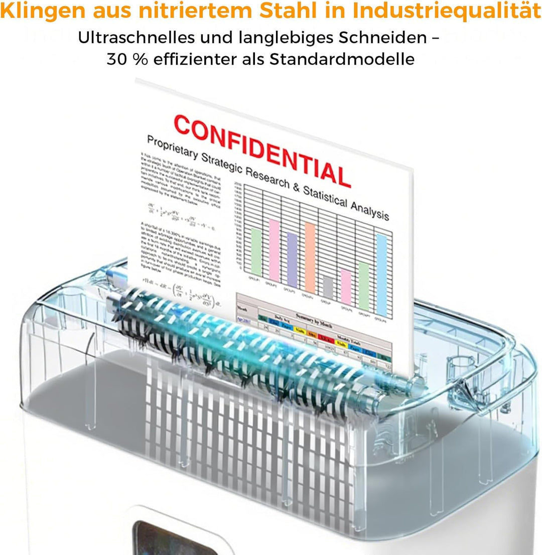 Aktenvernichter für 6 Blatt,P-4 Partikelschnitt Schredder, Papierschredder mit 8 Liter Auffangbehält