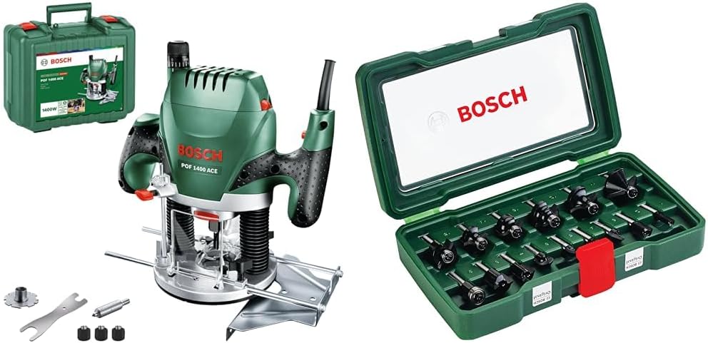 Bosch Oberfräse POF 1400 ACE (3 x Spannzange, Fräser, Parallelanschlag, Absaugadapter, Koffer) + 15t