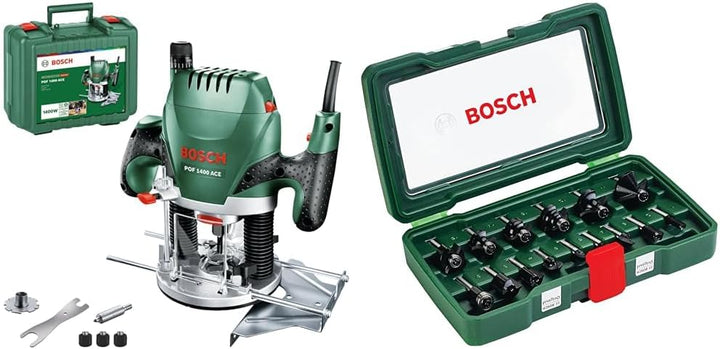 Bosch Oberfräse POF 1400 ACE (3 x Spannzange, Fräser, Parallelanschlag, Absaugadapter, Koffer) + 15t