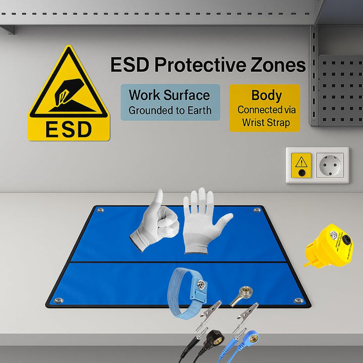 60×60 cm ESD SET Antistatische Arbeitsmatte Tischmatte Unterlage | Tragbar & Faltbar + Erdungstecker