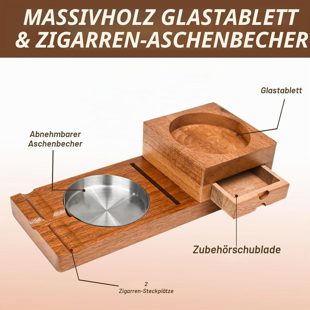 Zigarren-Aschenbecher, Whiskey-Untersetzer, Holzuntersetzer, Tablett und Zigarrenhalter mit Schublad