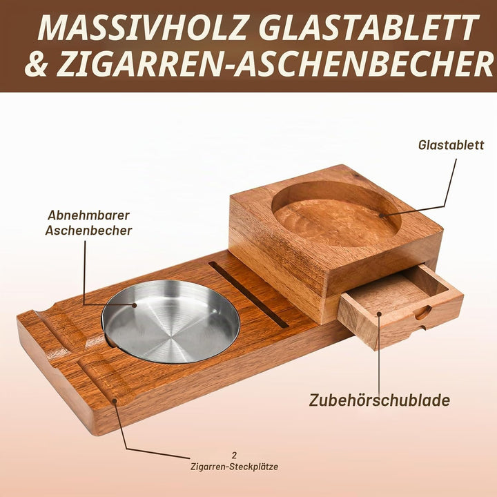 Zigarren-Aschenbecher, Whiskey-Untersetzer, Holzuntersetzer, Tablett und Zigarrenhalter mit Schublad