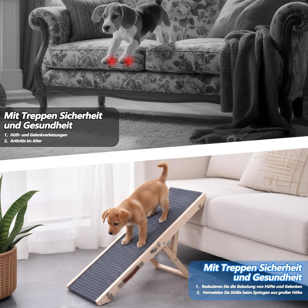 Hunderampe aus Holz, Hundetreppe 4 Stufen Verstellbar 24.5cm bis 45cm, Hunderampe mit Anti-Rutsch-Pa