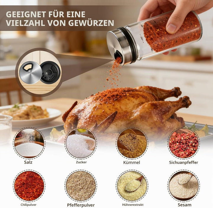 4 Stück 200ml Gewürzgläser mit Drehdeckel, Gewürzstreuer Glas, Gewürzdosen Gross mit 3 Arten von Gew