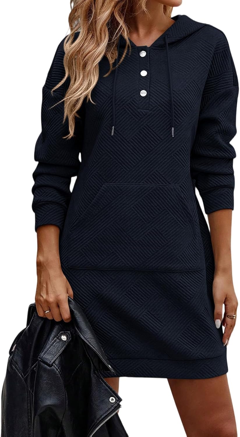 TrendiMax Damen Hoodie Kleid Herbst Übergangs Kapuzenpullover Sweatkleid Textur Knopf Langarm Sweats