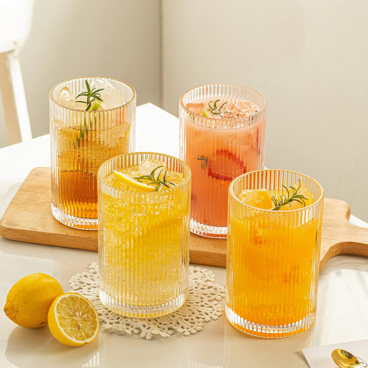 POLIDREAM Geriffelte Gläser 4er Set, 500ml XL Cocktailgläser, Origami-Stil Glasbecher, Bubble Gläser