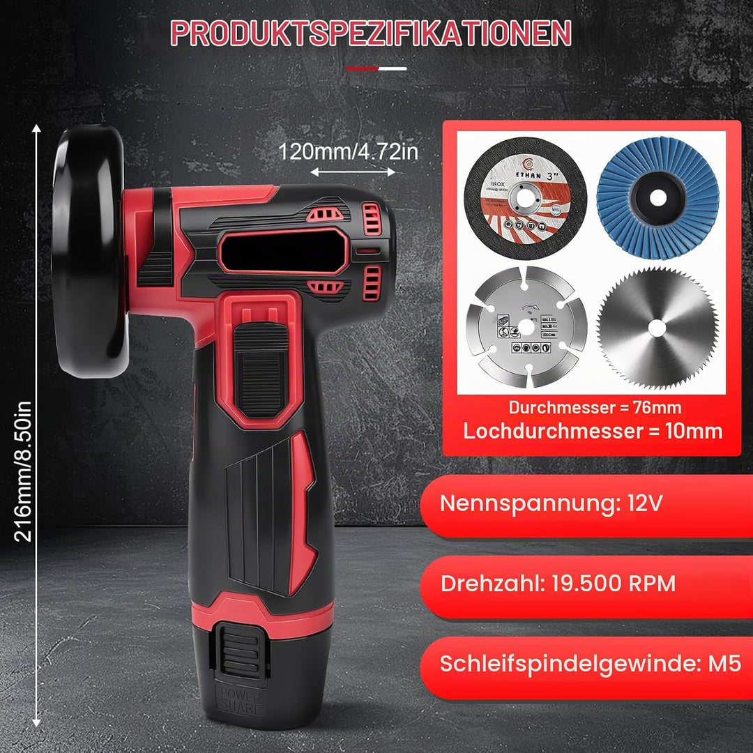 3-Zoll Akku Winkelschleifer Set, 500W 19500 U/Min 76mm Mini-Elektrowinkelschleifer, Wiederaufladbare
