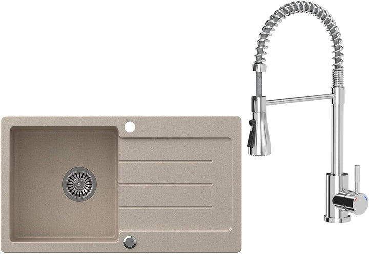 VBChome Spülbecken Beige mit Armatur 77 x 44 cm Granit Einzelbecken Einbauspüle gesprenkelt reversib
