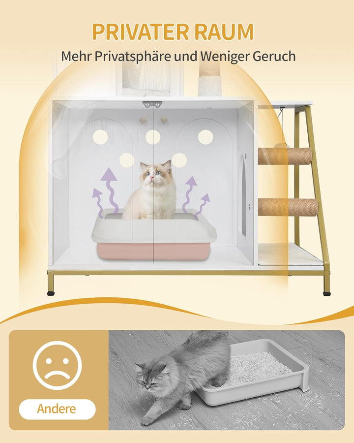 Hzuaneri Kratzbaum mit Katzenklo-Schrank, Katzenschrank, 4-in-1 Modernes Katzenhaus mit Grosser Plat