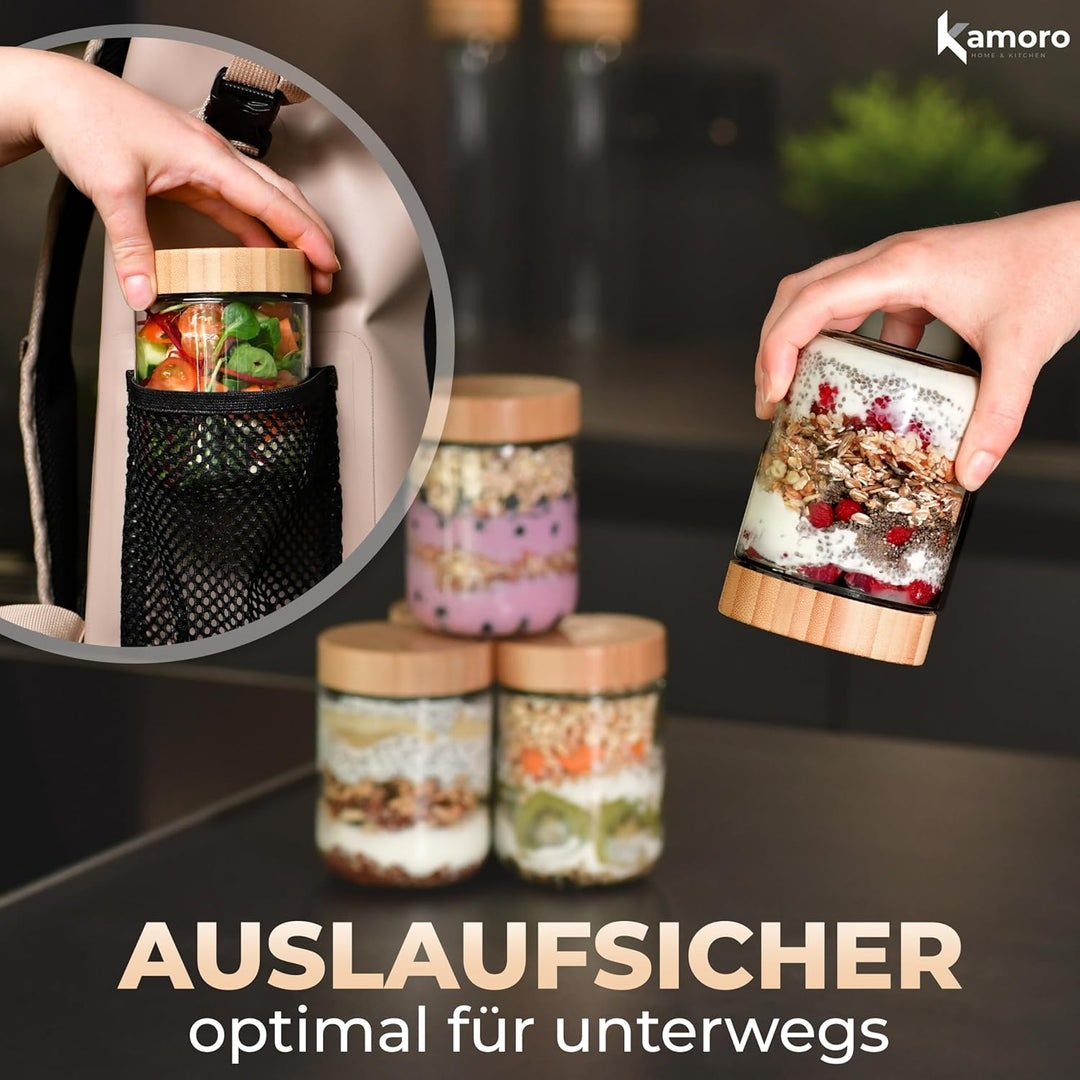 Overnight Oats Gläser 4er Set – Luftdichte Vorratsgläser mit Bambusdeckel 480 ml – Ideal für Overnig