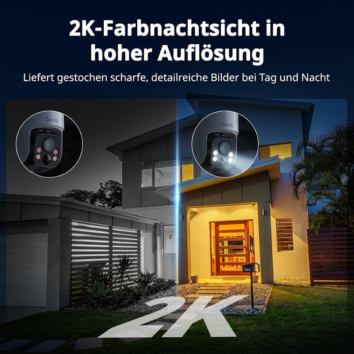 2K Überwachungskamera Aussen Akku Solar, 360° PTZ Überwachungskamera Outdoor Kabellos mit Solarpanel