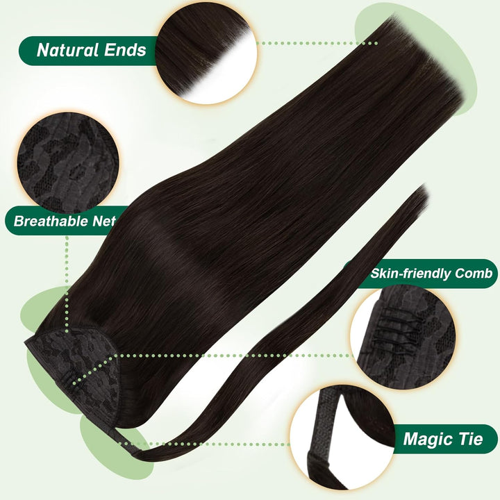 Easyouth Remy Ponytail Echthaar Wrap Around Ponytail Extensions Dunkelbraun Zopf Extension Echthaar