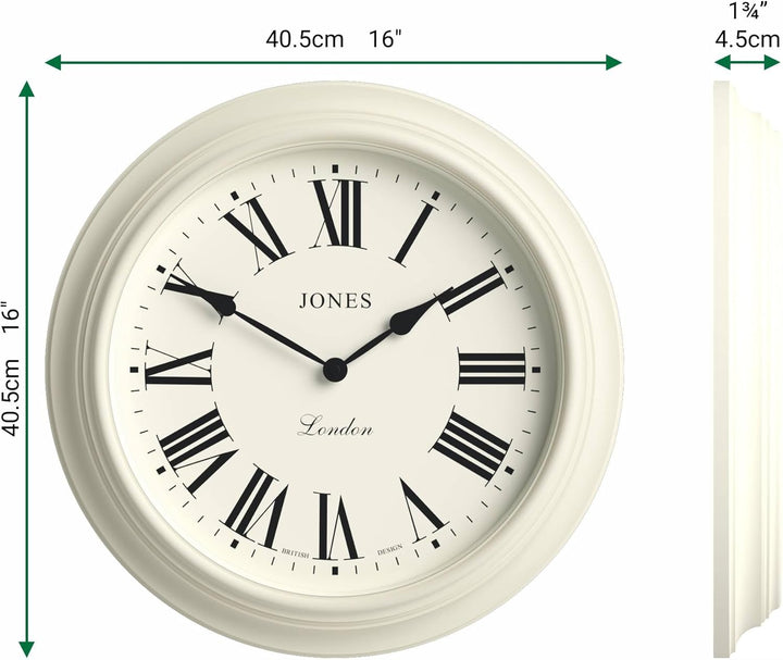 JONES CLOCKS® Supper Club Wanduhr | Grosse Klassische runde Uhr | 40cm | Helle Creme | Römische Ziff
