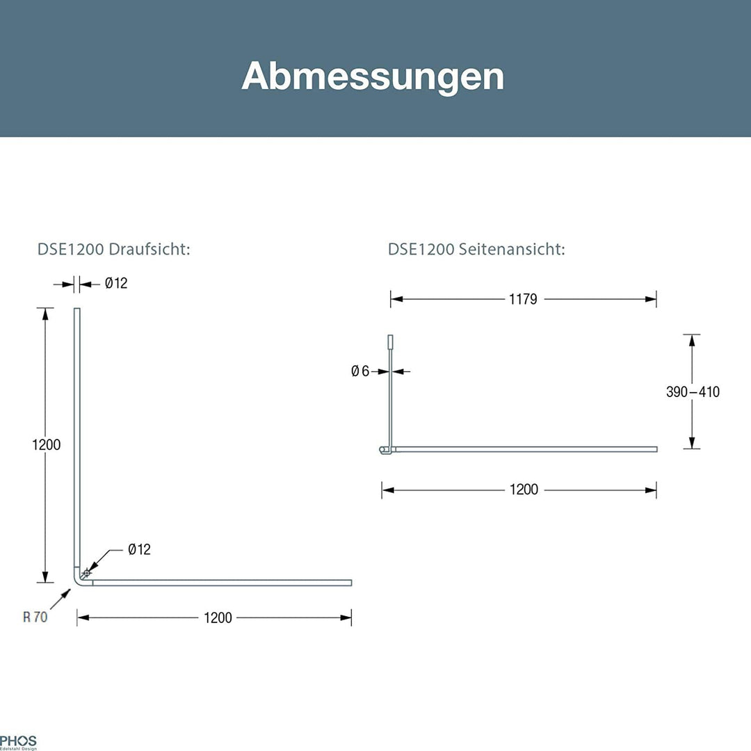 PHOS Design, DSE1200, Eck-Duschvorhangstange 120 x 120 cm, massiver Edelstahl matt gerbürstet, Winke