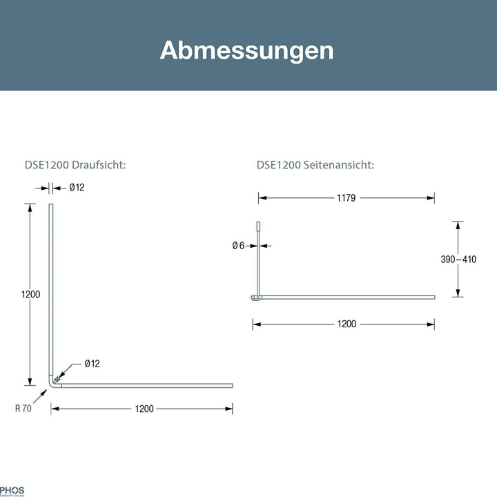 PHOS Design, DSE1200, Eck-Duschvorhangstange 120 x 120 cm, massiver Edelstahl matt gerbürstet, Winke