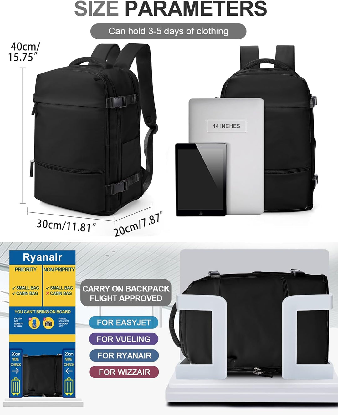 BJLFS Ryanair Handgepäck 40x20x25 Klein Reiserucksack Handgepäck Flugzeug Unter Sitz Handgepäck Tasc