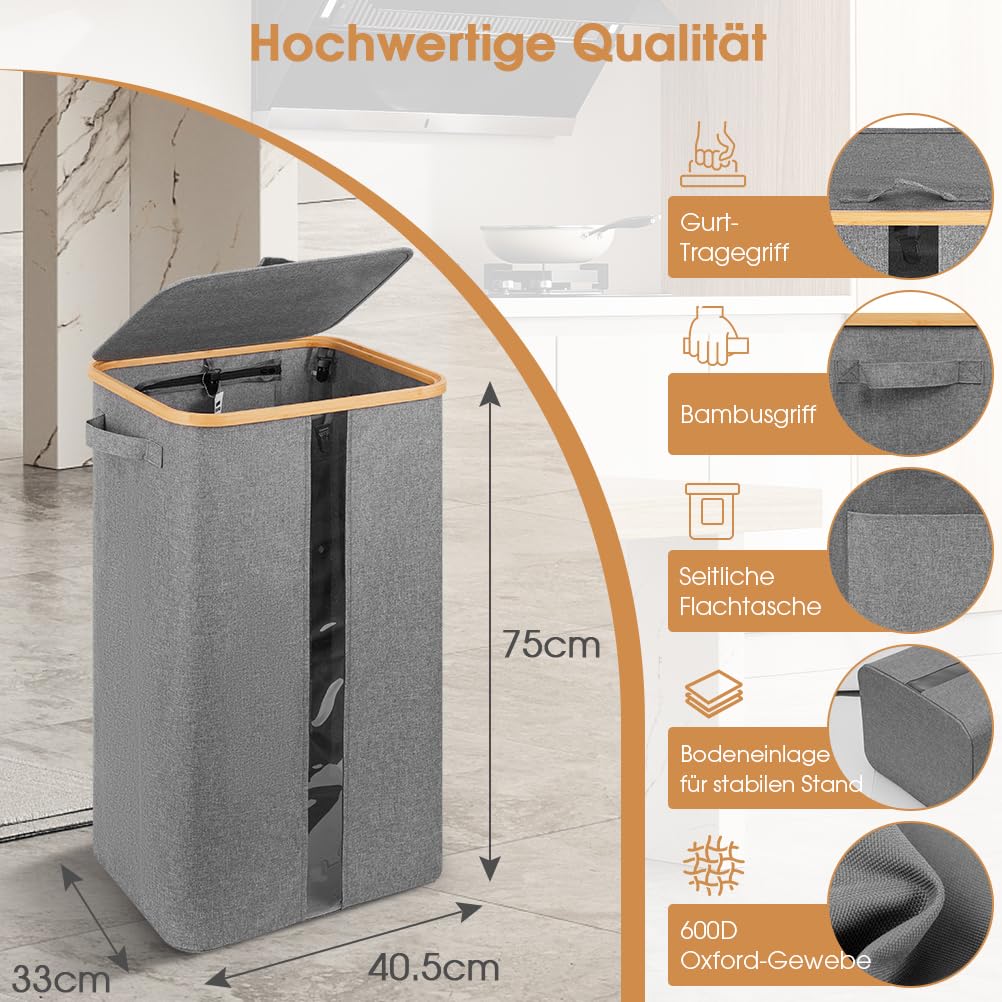 OUSFOT Gelber Sack Ständer 100L, Gelber Sack Mülleimer Integrierte 4 Clips Doppelgriffe Reissverschl