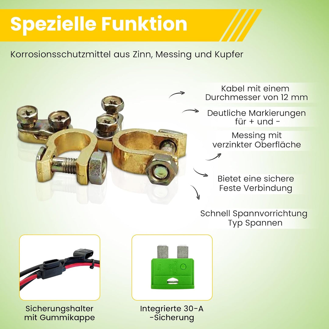 Offgridtec Batteriekabel mit Flachsicherungshalter, 30 A Sicherung und Batteriepolklemmen, 1,5 m, 8-