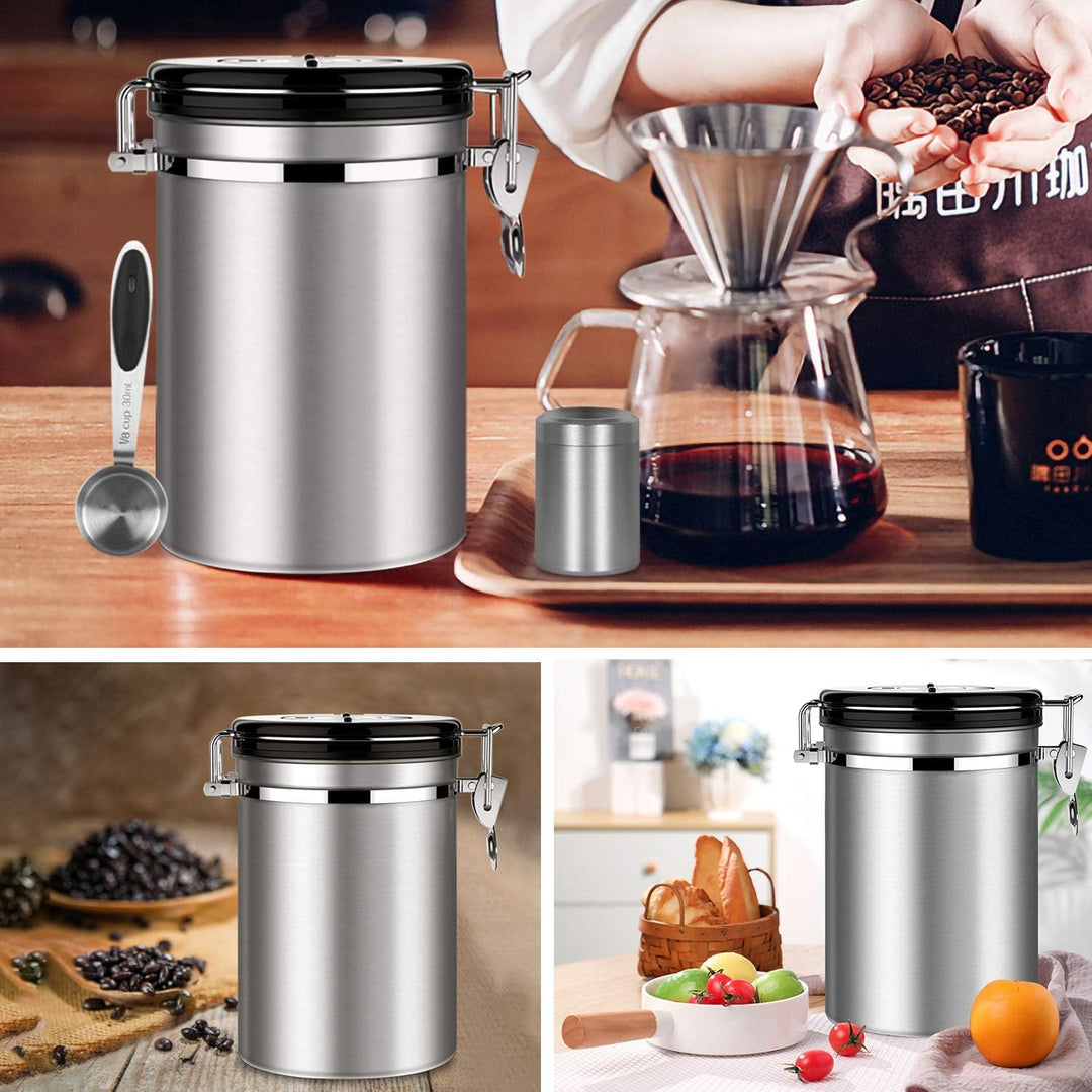 Kaffeedose 500g Bohnen Kaffeedose Luftdicht 1500ml mit Löffel und Kalenderrad, Edelstahl Kaffee Dose