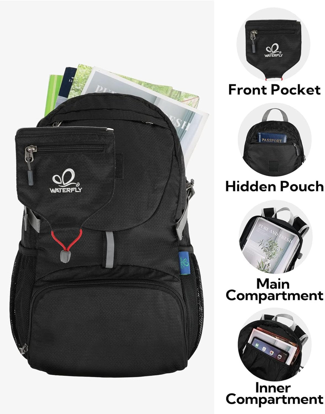 WATERFLY Ultraleicht Faltbar Klein Rucksack: 20L Leicht Packable Wanderrucksack Tagesrucksack Trekki