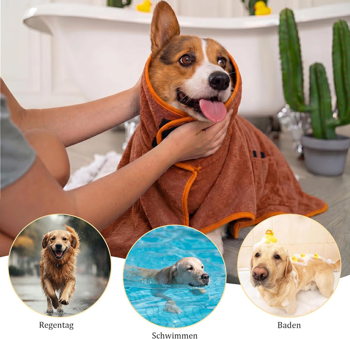 Hundebademantel Mikrofaser mit Klettverschluss saugstark Braun XS, Braun XS