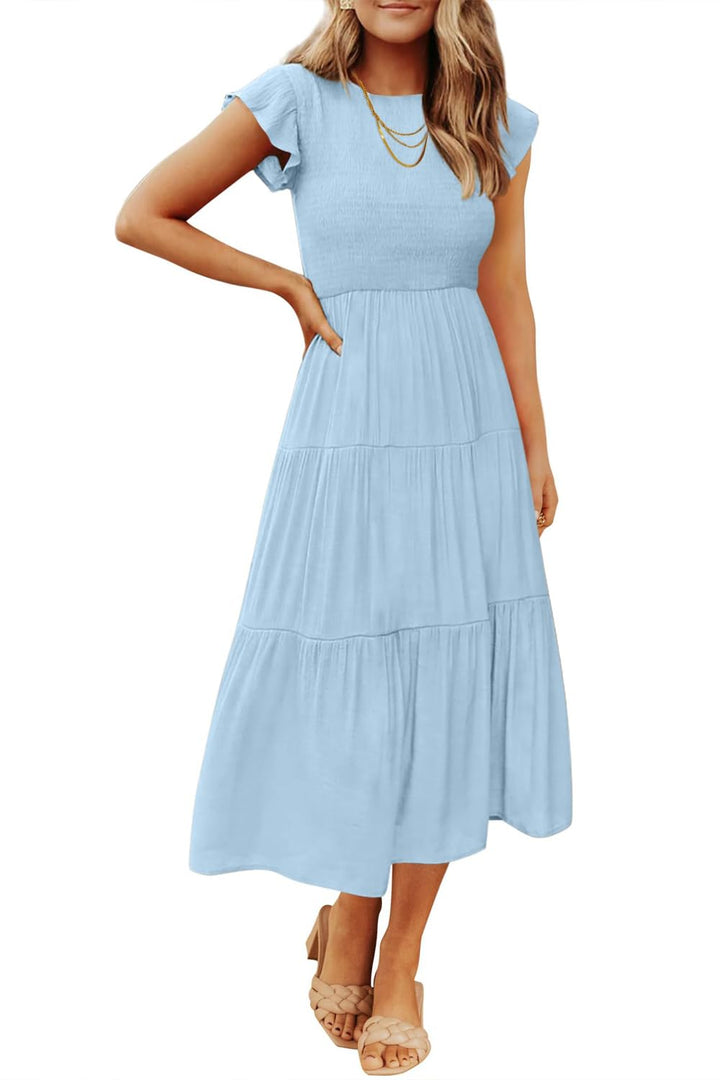 Damen Sommerkleid A Linie Kleider Kurzarm Kleid Midi Freizeitkleid L Hellblau, L Hellblau
