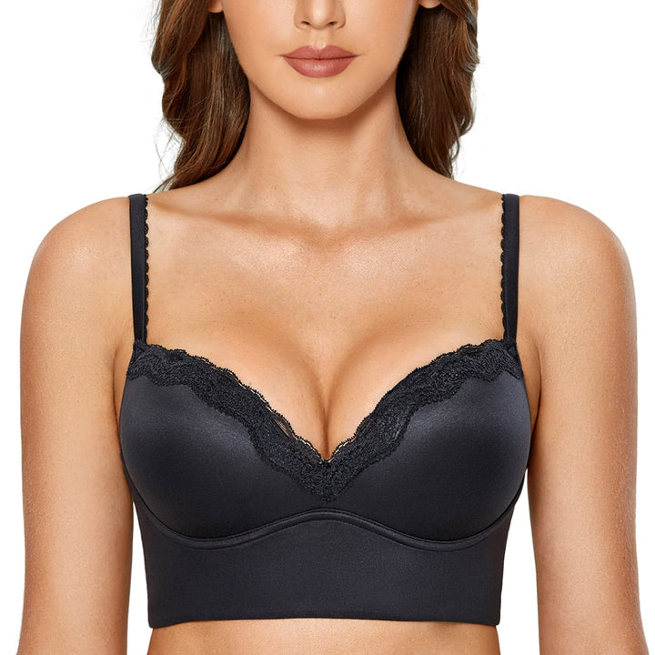 DOBREVA Push Up BH Damen ohne Bügel Soft Gepolstert Bügelloser Bralette mit Spitze 70C Schwarz, 70C