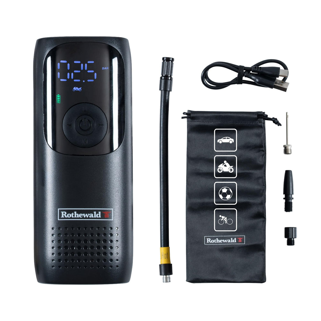 Rothewald Akku Druckluftpumpe 10 Bar, Elektrische Luftpumpe mit Digitalem Manometer, Reifenpumpe für